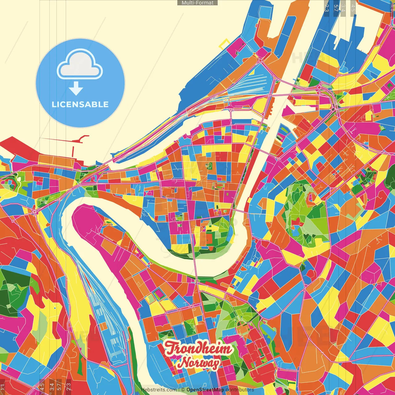Trondheim, Trøndelag, Norway Crazy Colorful Street Map Poster Template