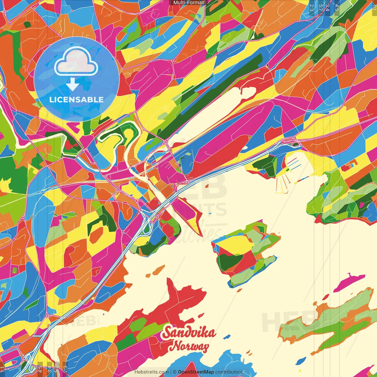 Sandvika, Akershus, Norway Crazy Colorful Street Map Poster Template