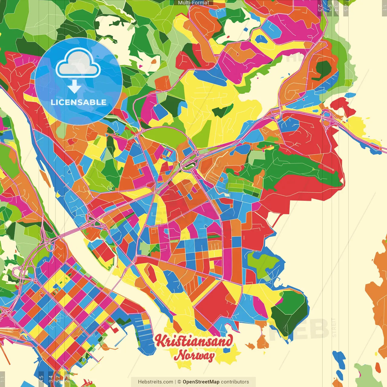Kristiansand, Vest-Agder, Norway Crazy Colorful Street Map Poster Template
