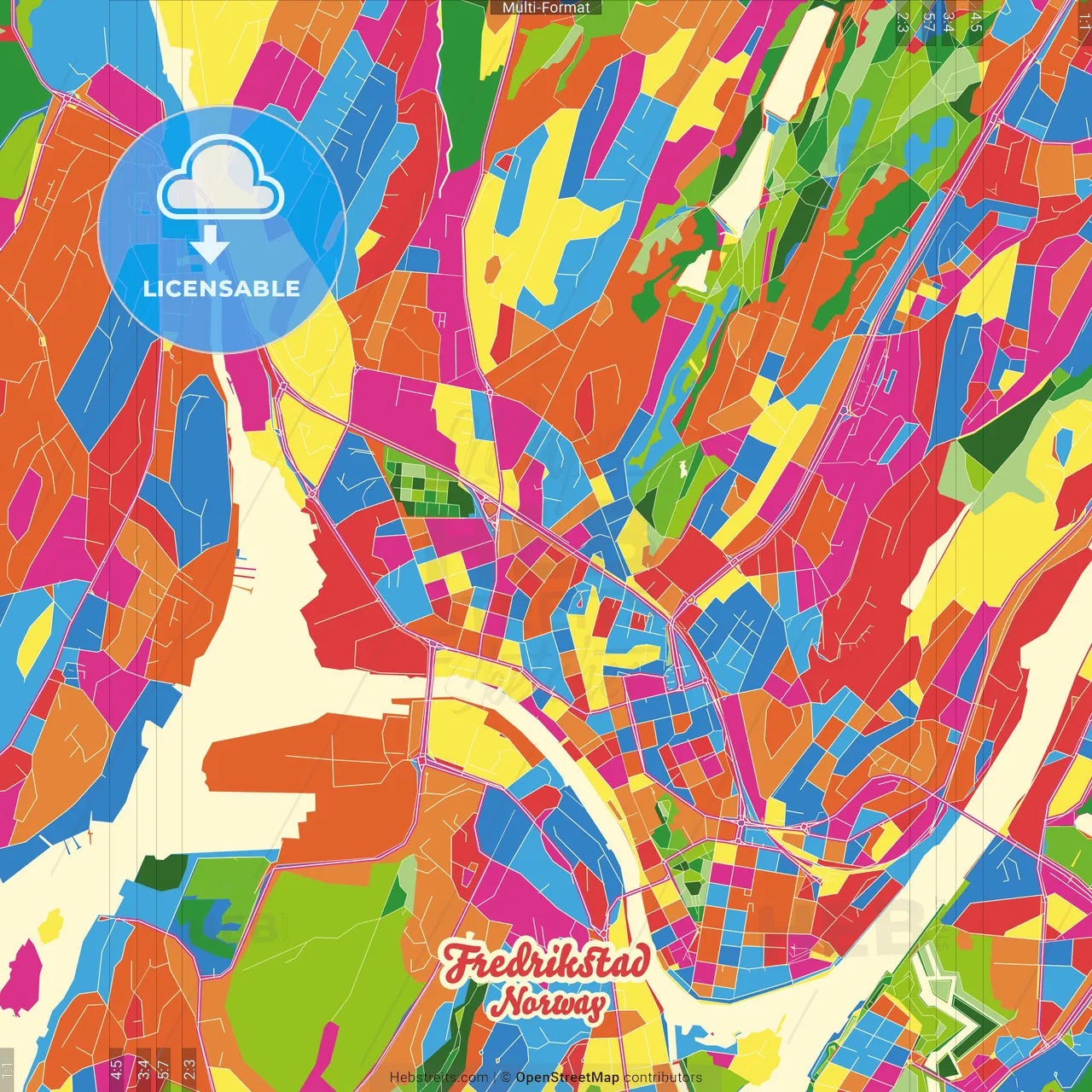Fredrikstad, Østfold, Norway Crazy Colorful Street Map Poster Template