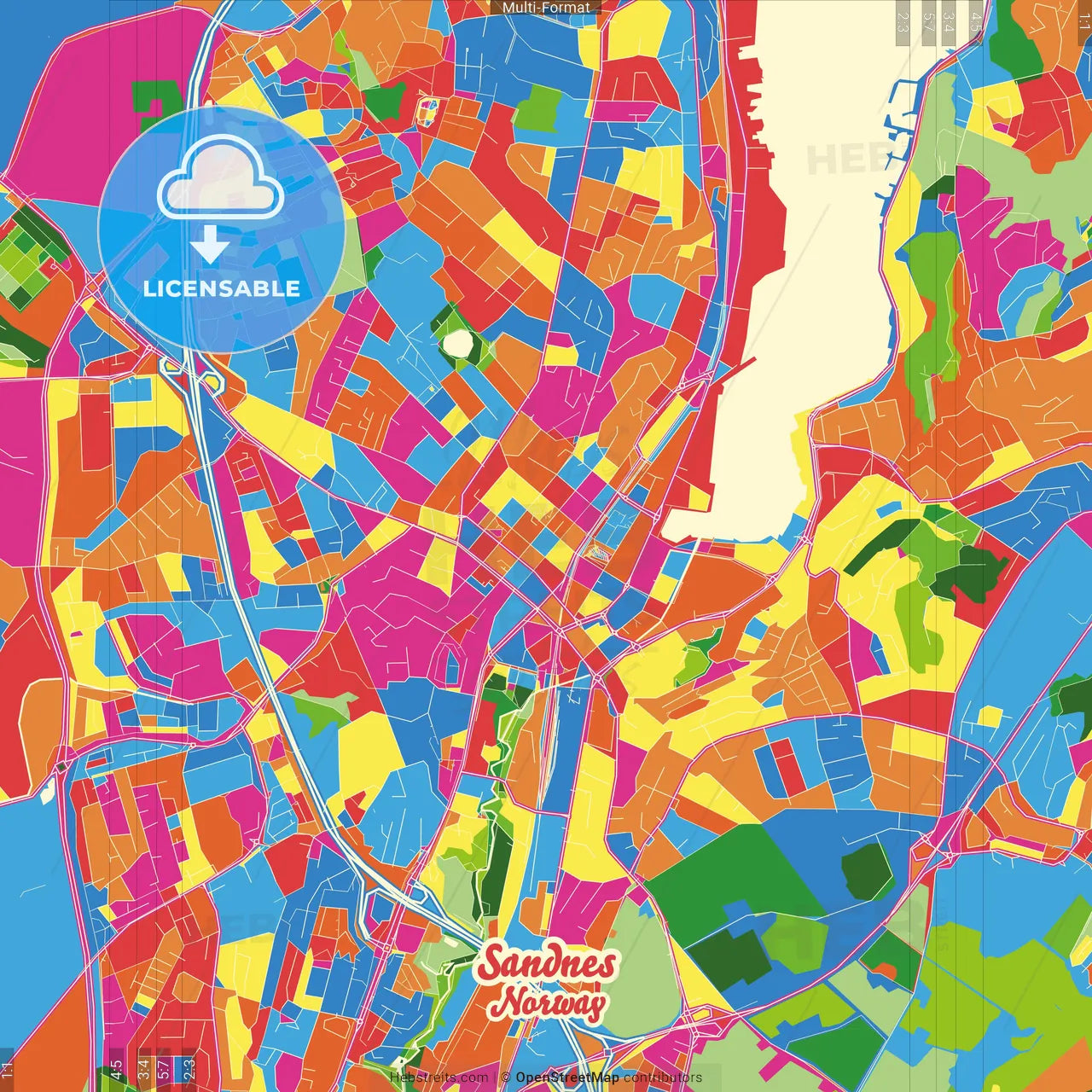 Sandnes, Rogaland, Norway Crazy Colorful Street Map Poster Template