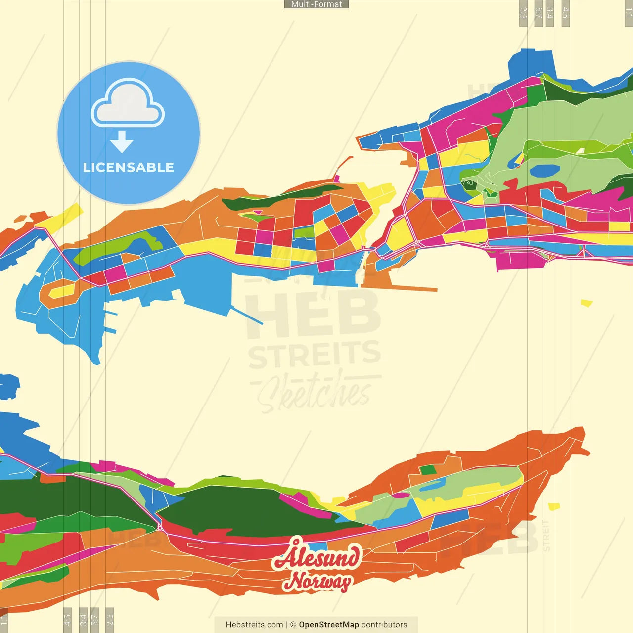 Ålesund, Møre og Romsdal, Norway Crazy Colorful Street Map Poster Template