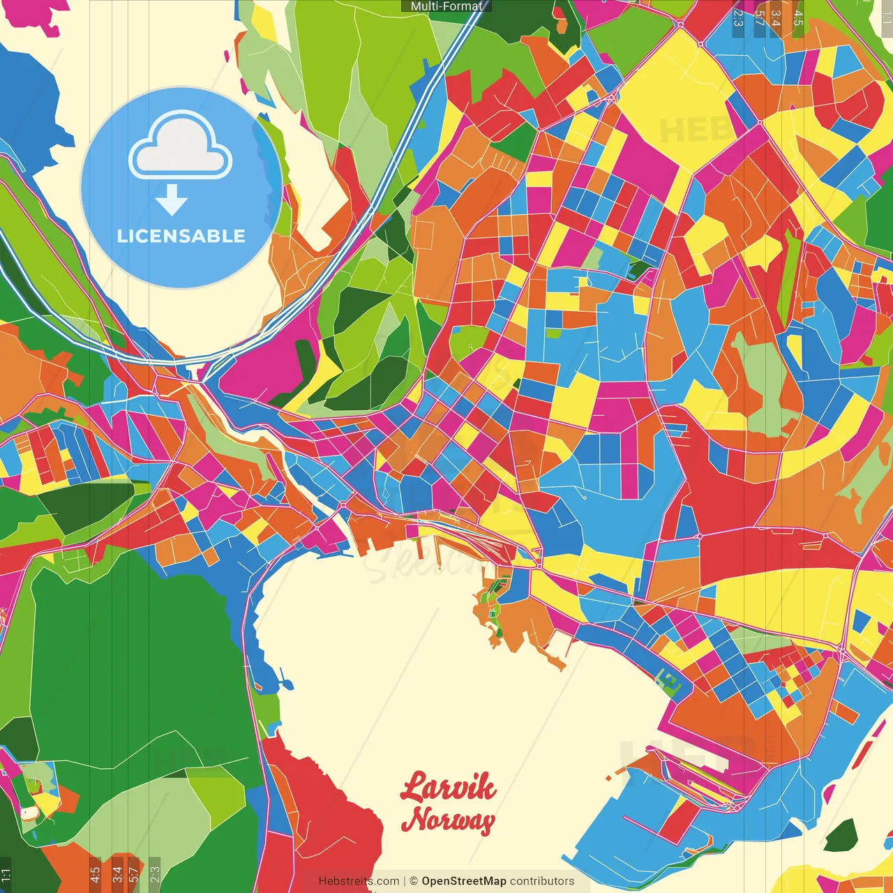Larvik, Vestfold, Norway Crazy Colorful Street Map Poster Template
