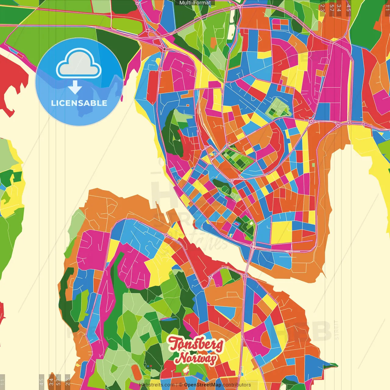 Tønsberg, Vestfold, Norway Crazy Colorful Street Map Poster Template