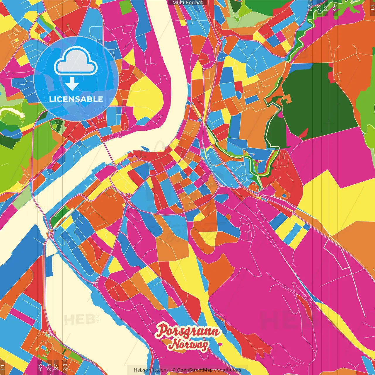 Porsgrunn, Telemark, Norway Crazy Colorful Street Map Poster Template