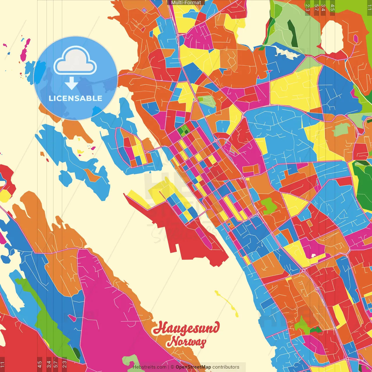Haugesund, Rogaland, Norway Crazy Colorful Street Map Poster Template
