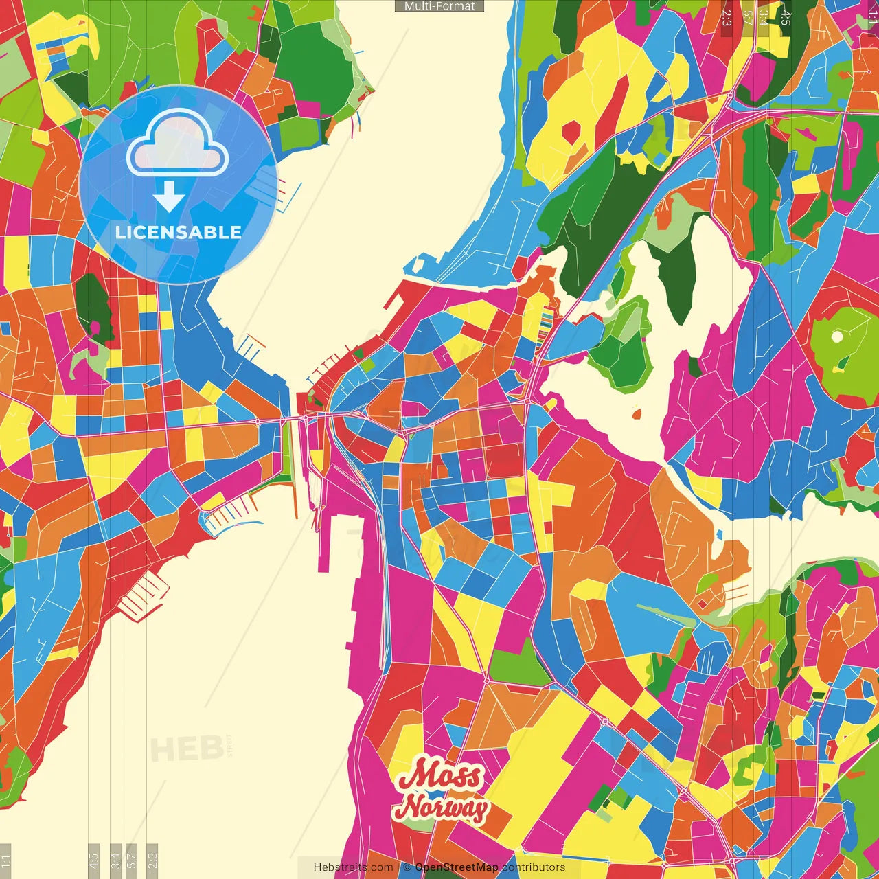 Moss, Østfold, Norway Crazy Colorful Street Map Poster Template