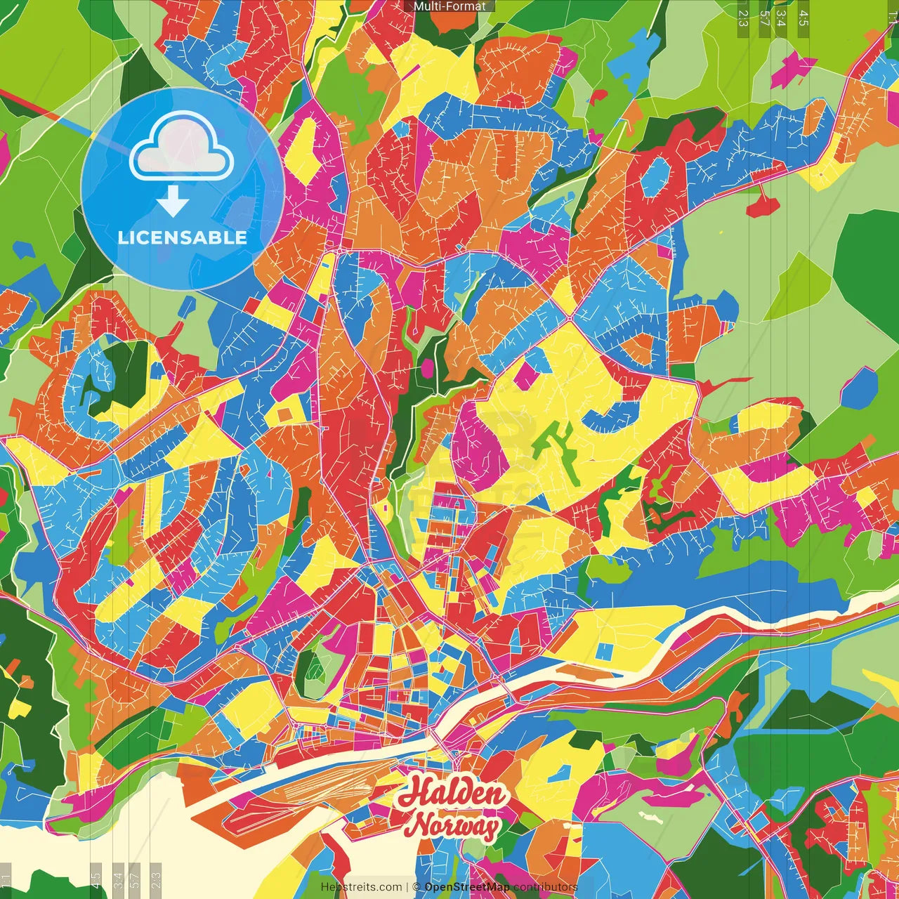 Halden, Østfold, Norway Crazy Colorful Street Map Poster Template