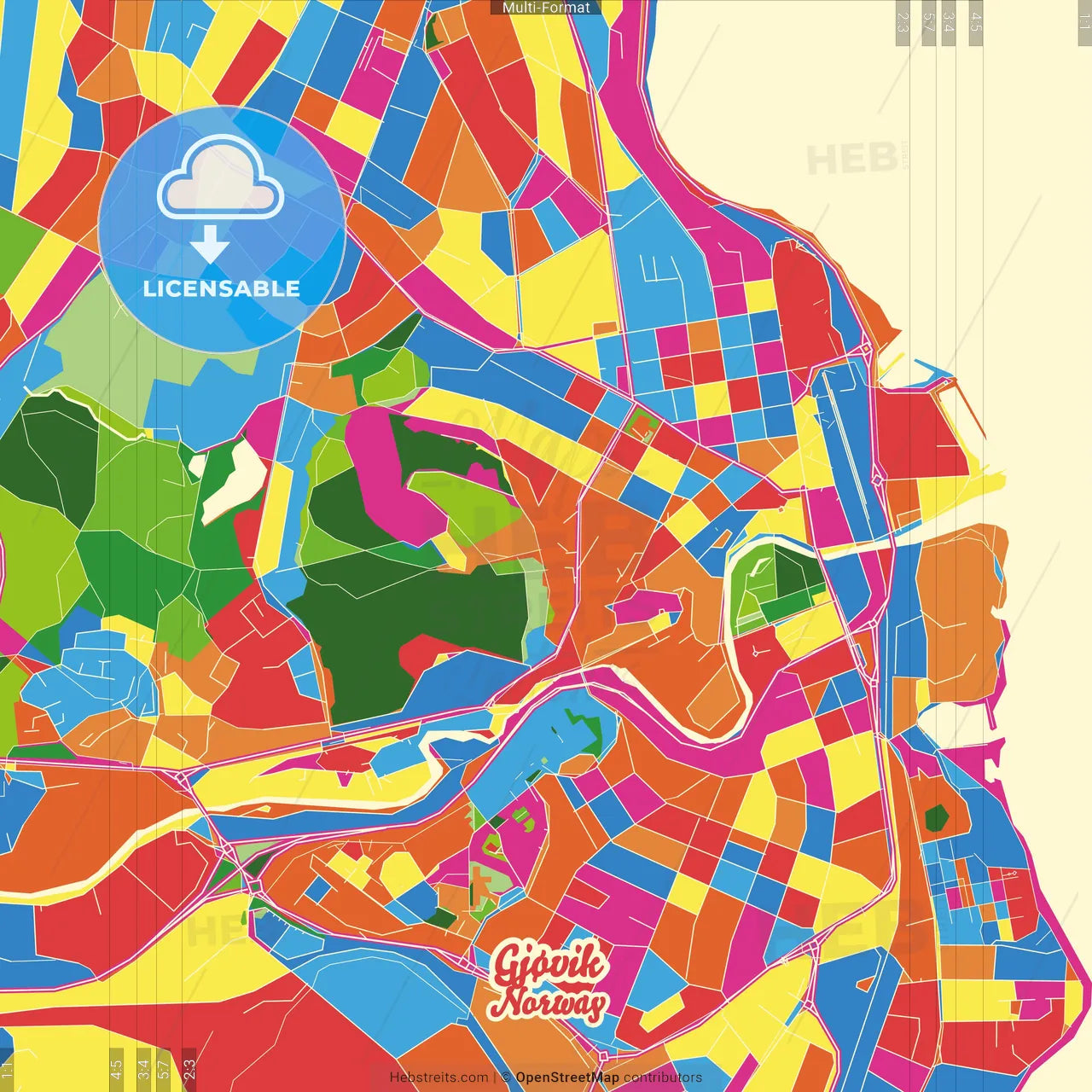 Gjøvik, Oppland, Norway Crazy Colorful Street Map Poster Template