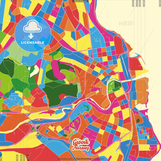 Gjøvik, Oppland, Norway Crazy Colorful Street Map Poster Template