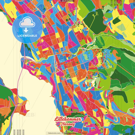 Lillehammer, Oppland, Norway Crazy Colorful Street Map Poster Template