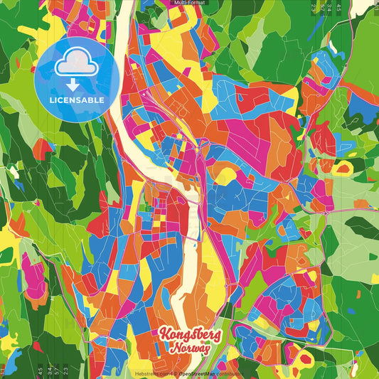 Kongsberg, Buskerud, Norway Crazy Colorful Street Map Poster Template