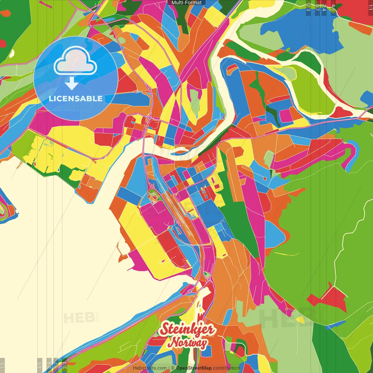 Steinkjer, Trøndelag, Norway Crazy Colorful Street Map Poster Template