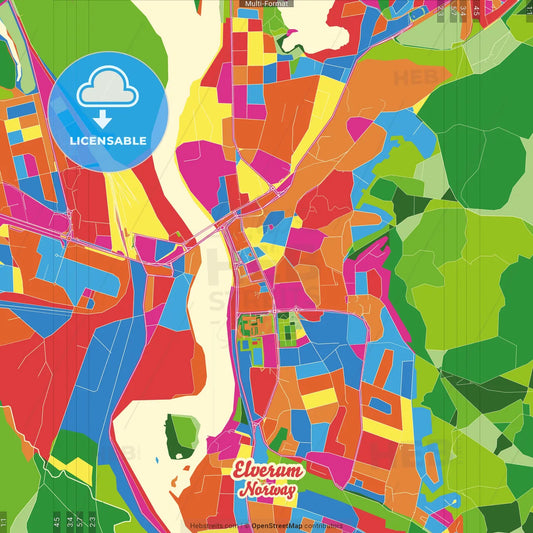 Elverum, Hedmark, Norway Crazy Colorful Street Map Poster Template