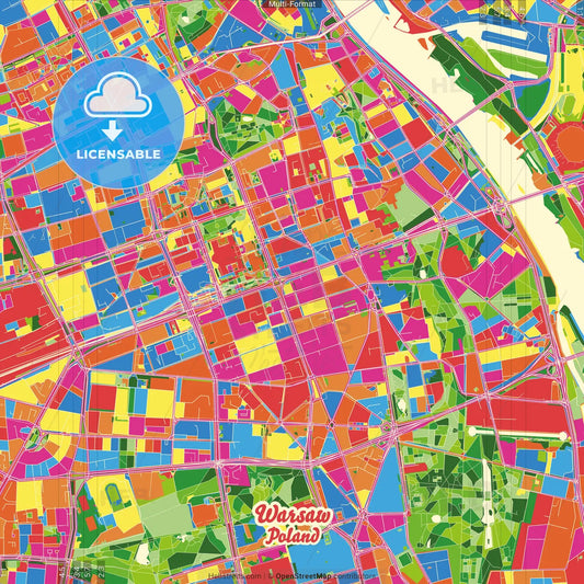 Warsaw, Masovian, Poland Crazy Colorful Street Map Poster Template