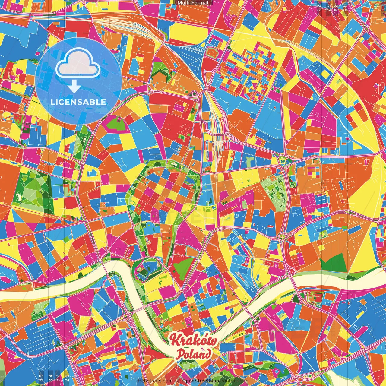 Kraków, Lesser Poland, Poland Crazy Colorful Street Map Poster Template