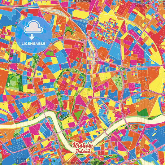 Kraków, Lesser Poland, Poland Crazy Colorful Street Map Poster Template