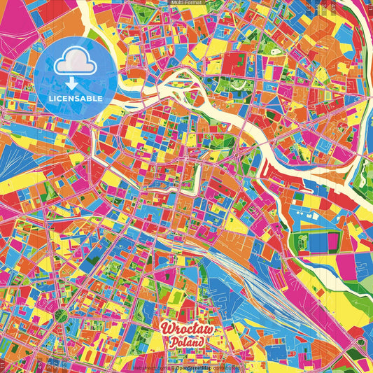 Wrocław, Lower Silesian, Poland Crazy Colorful Street Map Poster Template