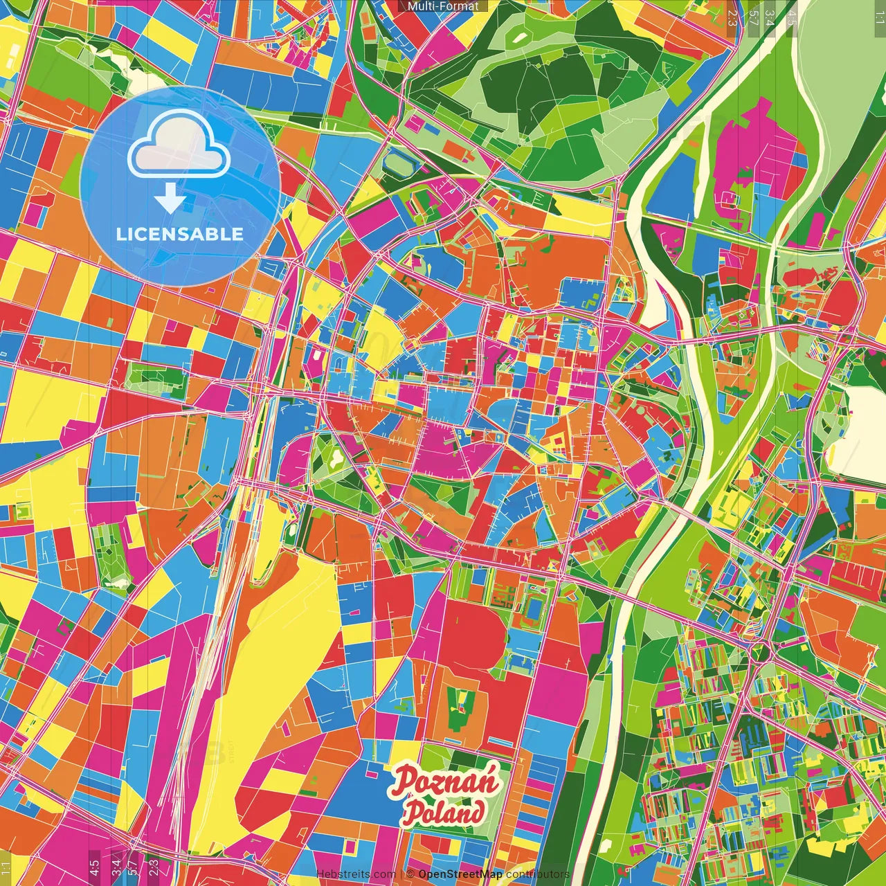 Poznań, Greater Poland, Poland Crazy Colorful Street Map Poster Template