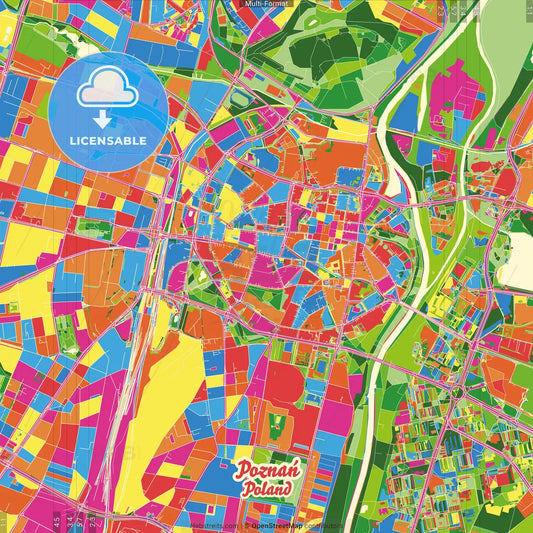 Poznań, Greater Poland, Poland Crazy Colorful Street Map Poster Template