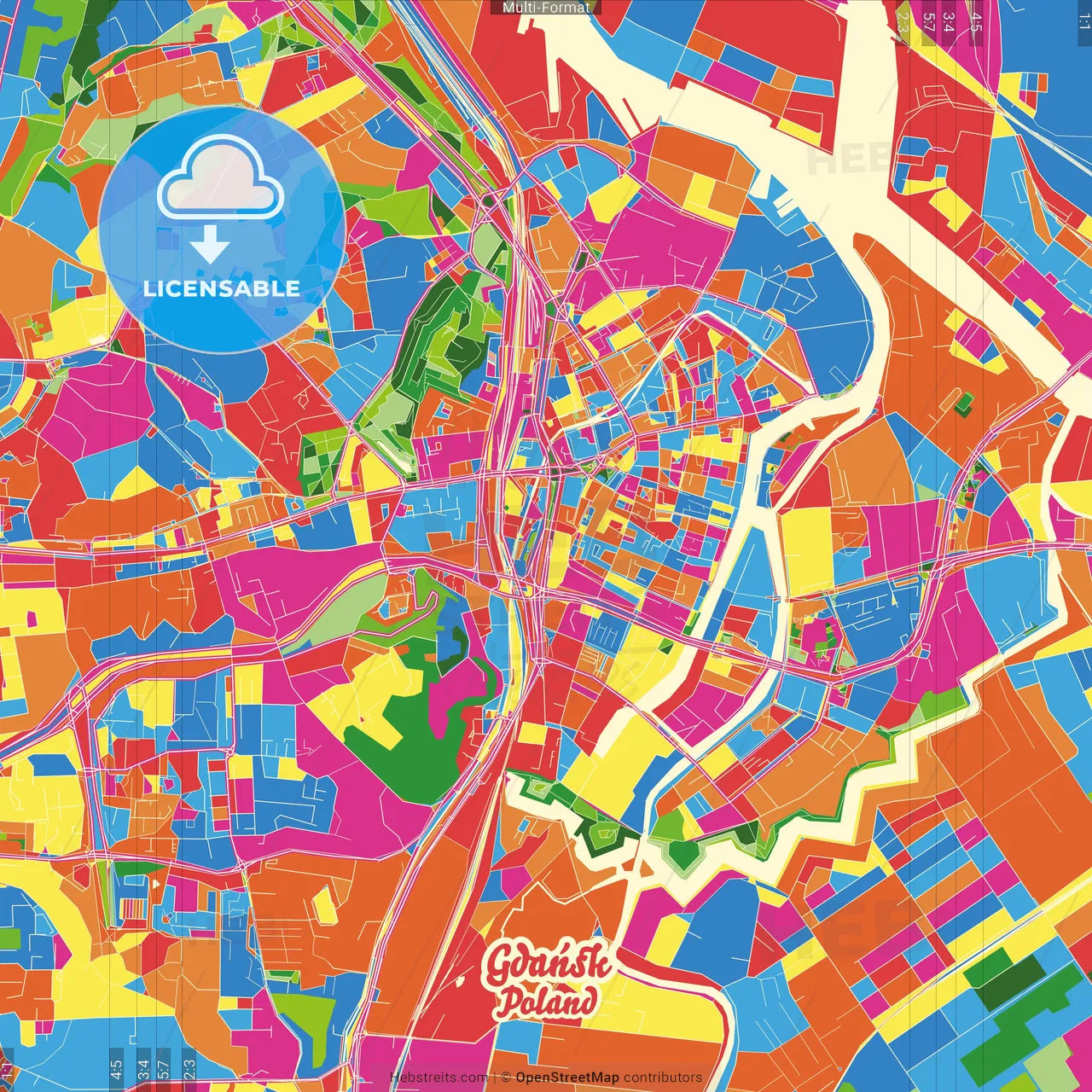 Gdańsk, Pomeranian, Poland Crazy Colorful Street Map Poster Template