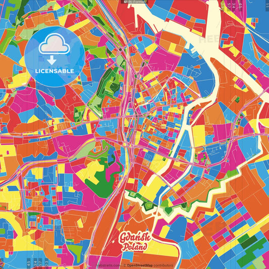 Gdańsk, Pomeranian, Poland Crazy Colorful Street Map Poster Template