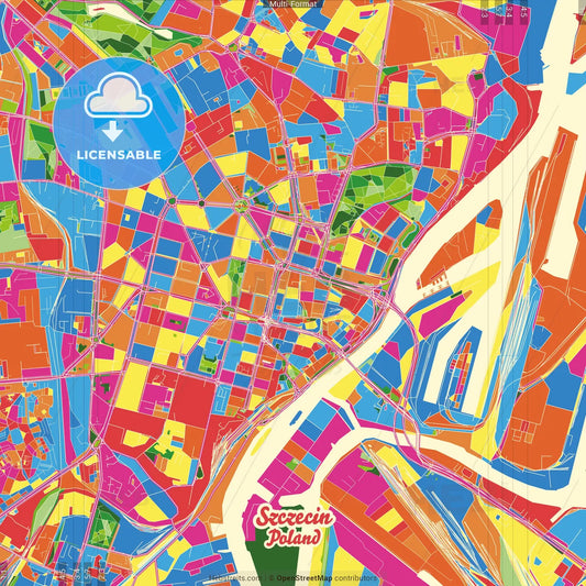 Szczecin, West Pomeranian, Poland Crazy Colorful Street Map Poster Template