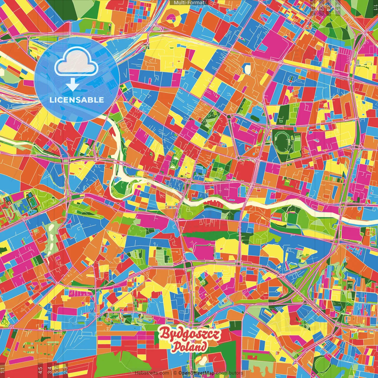Bydgoszcz, Kuyavian-Pomeranian, Poland Crazy Colorful Street Map Poster Template