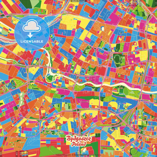 Bydgoszcz, Kuyavian-Pomeranian, Poland Crazy Colorful Street Map Poster Template
