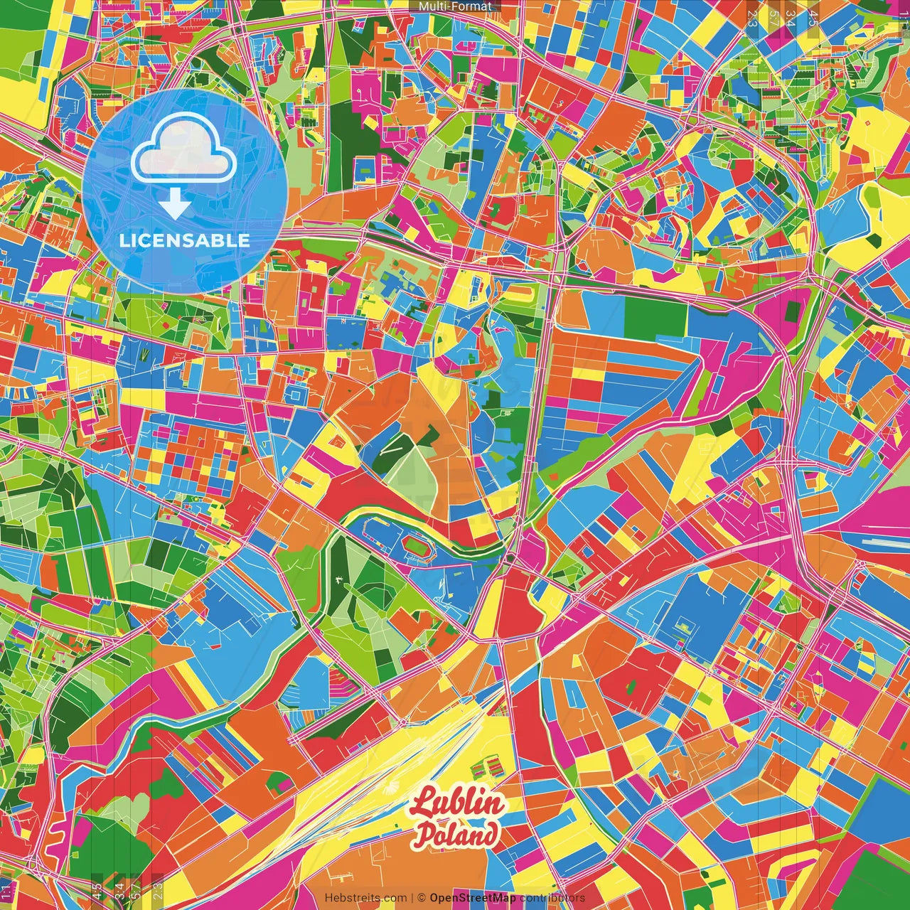 Lublin, Lublin, Poland Crazy Colorful Street Map Poster Template