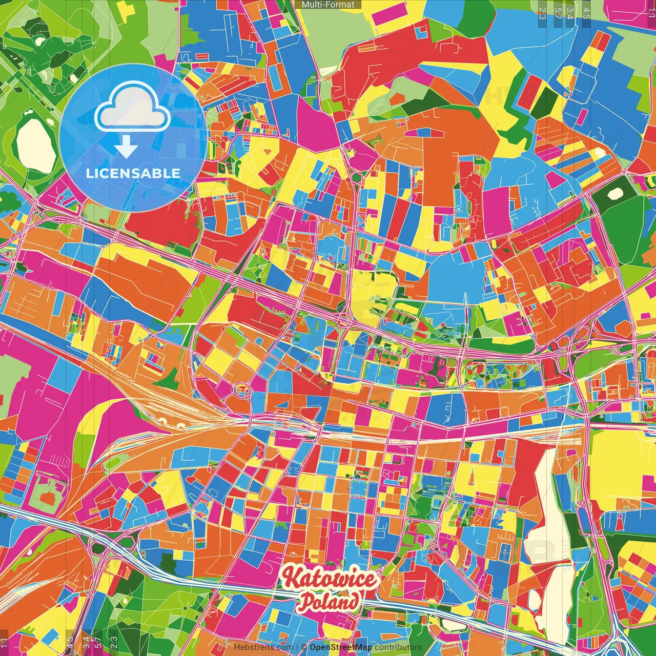 Katowice, Silesian, Poland Crazy Colorful Street Map Poster Template