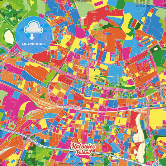 Katowice, Silesian, Poland Crazy Colorful Street Map Poster Template