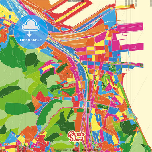 Gdynia, Pomeranian, Poland Crazy Colorful Street Map Poster Template
