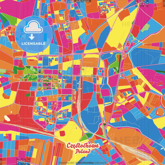 Częstochowa, Silesian, Poland Crazy Colorful Street Map Poster Template