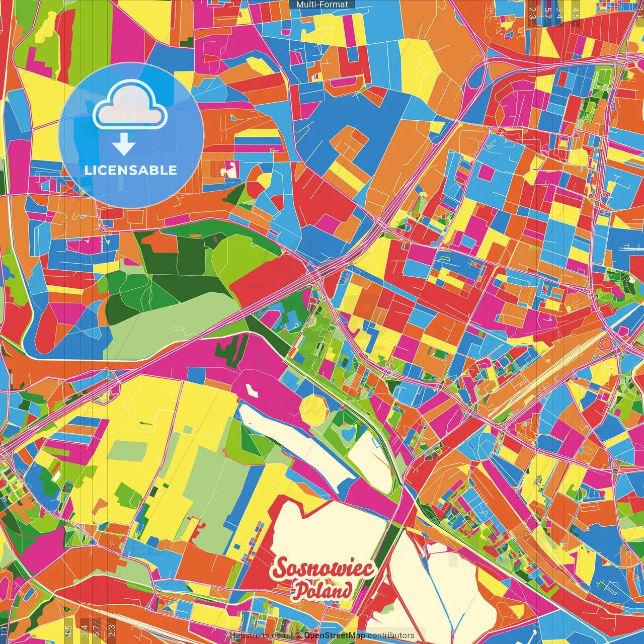 Sosnowiec, Silesian, Poland Crazy Colorful Street Map Poster Template