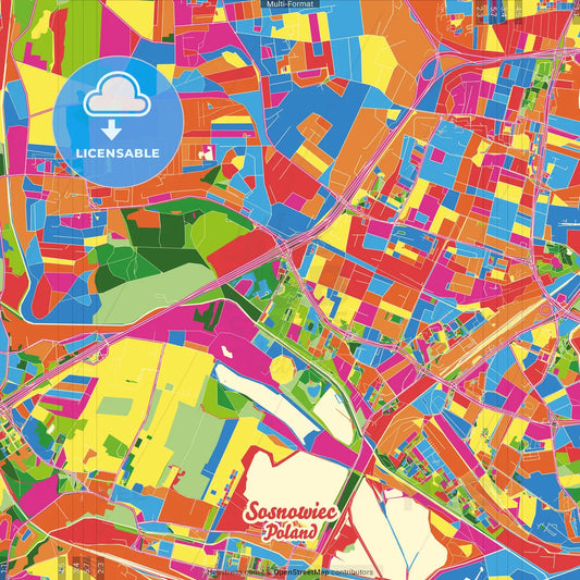 Sosnowiec, Silesian, Poland Crazy Colorful Street Map Poster Template