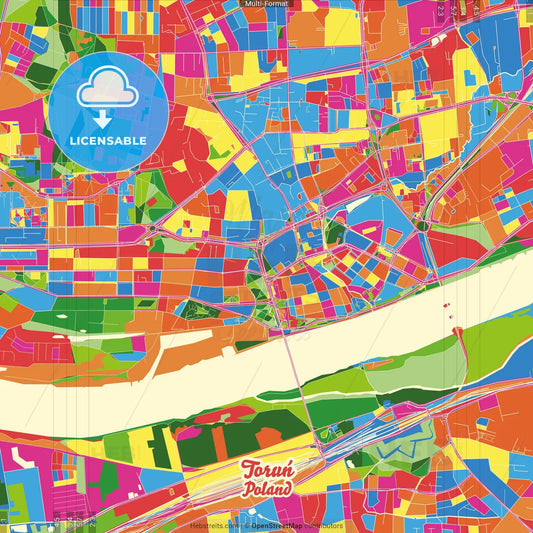 Toruń, Kuyavian-Pomeranian, Poland Crazy Colorful Street Map Poster Template