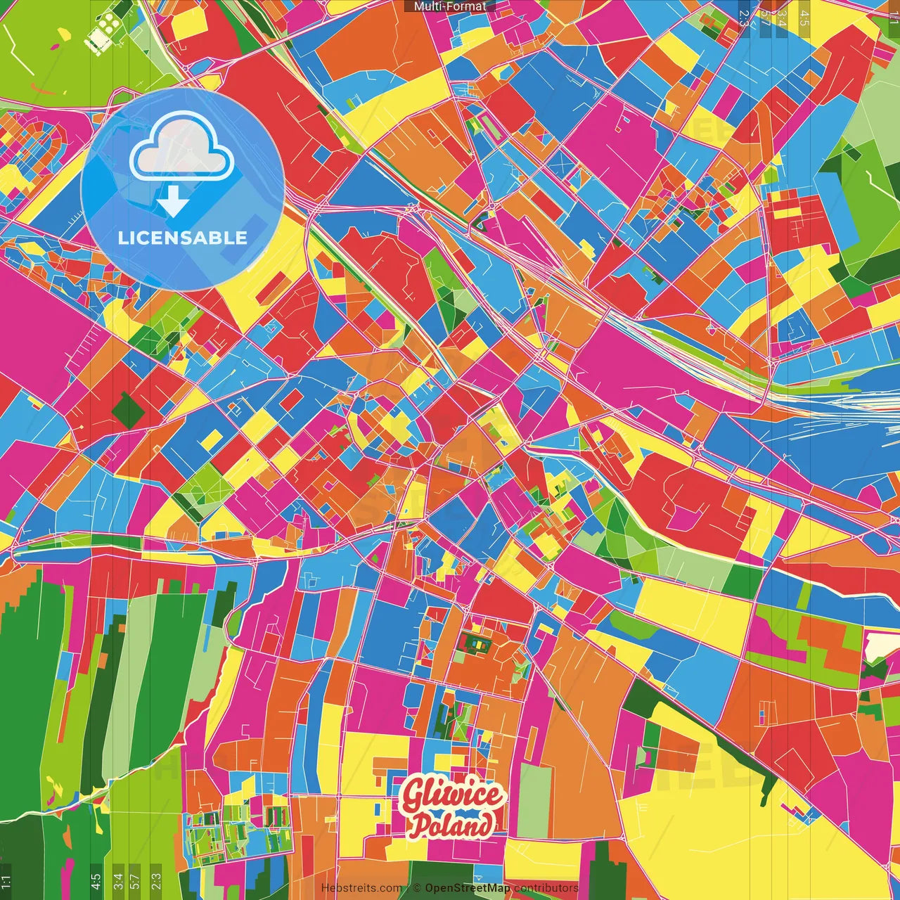 Gliwice, Silesian, Poland Crazy Colorful Street Map Poster Template