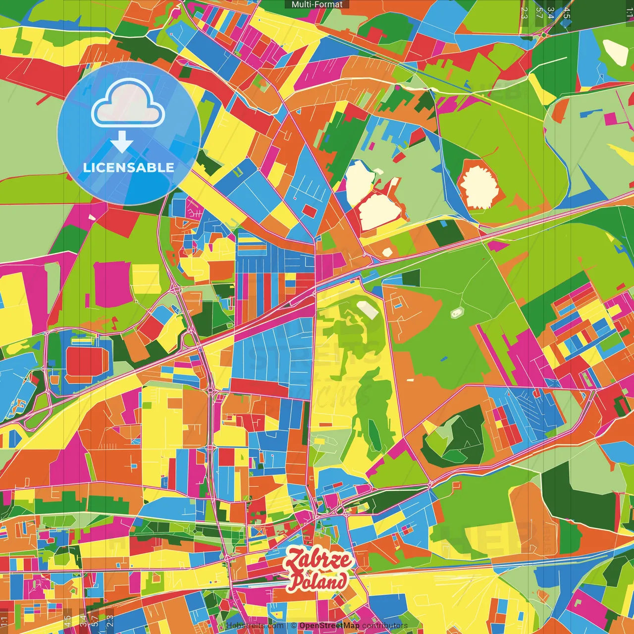 Zabrze, Silesian, Poland Crazy Colorful Street Map Poster Template
