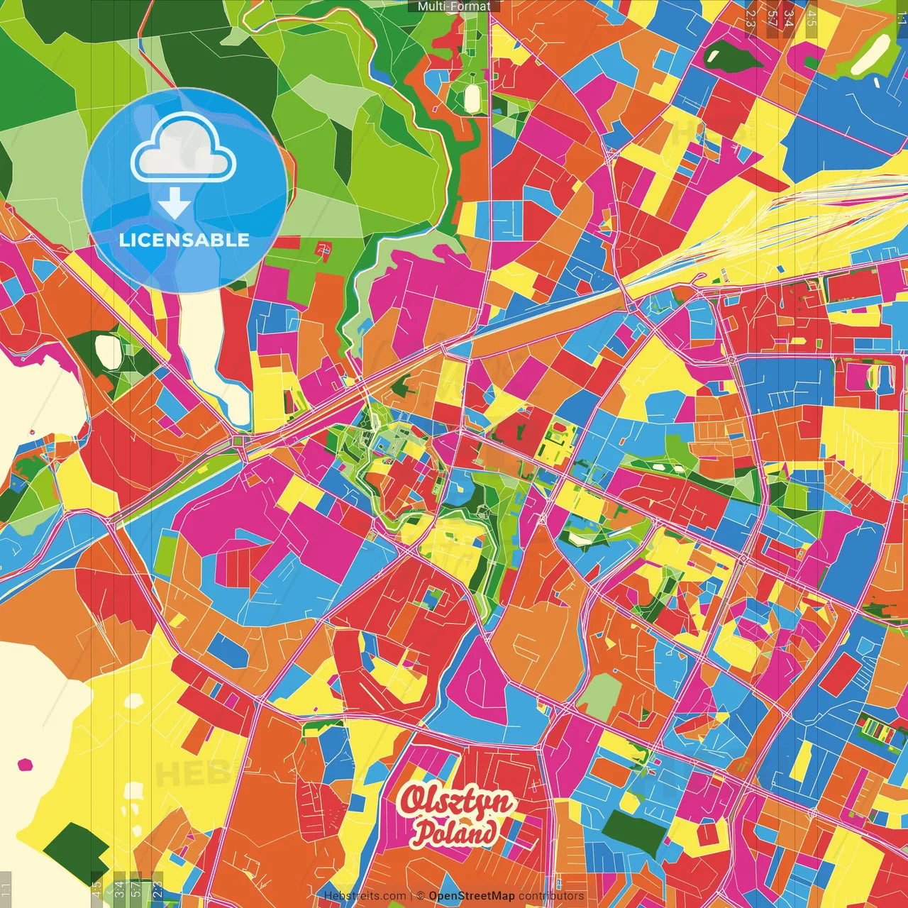 Olsztyn, Warmian-Masurian, Poland Crazy Colorful Street Map Poster Template