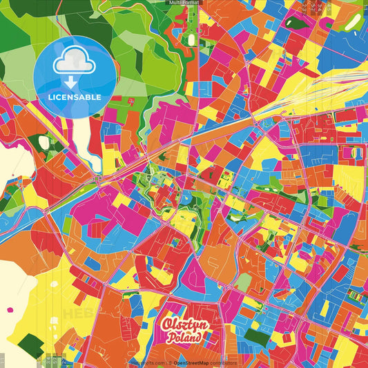 Olsztyn, Warmian-Masurian, Poland Crazy Colorful Street Map Poster Template