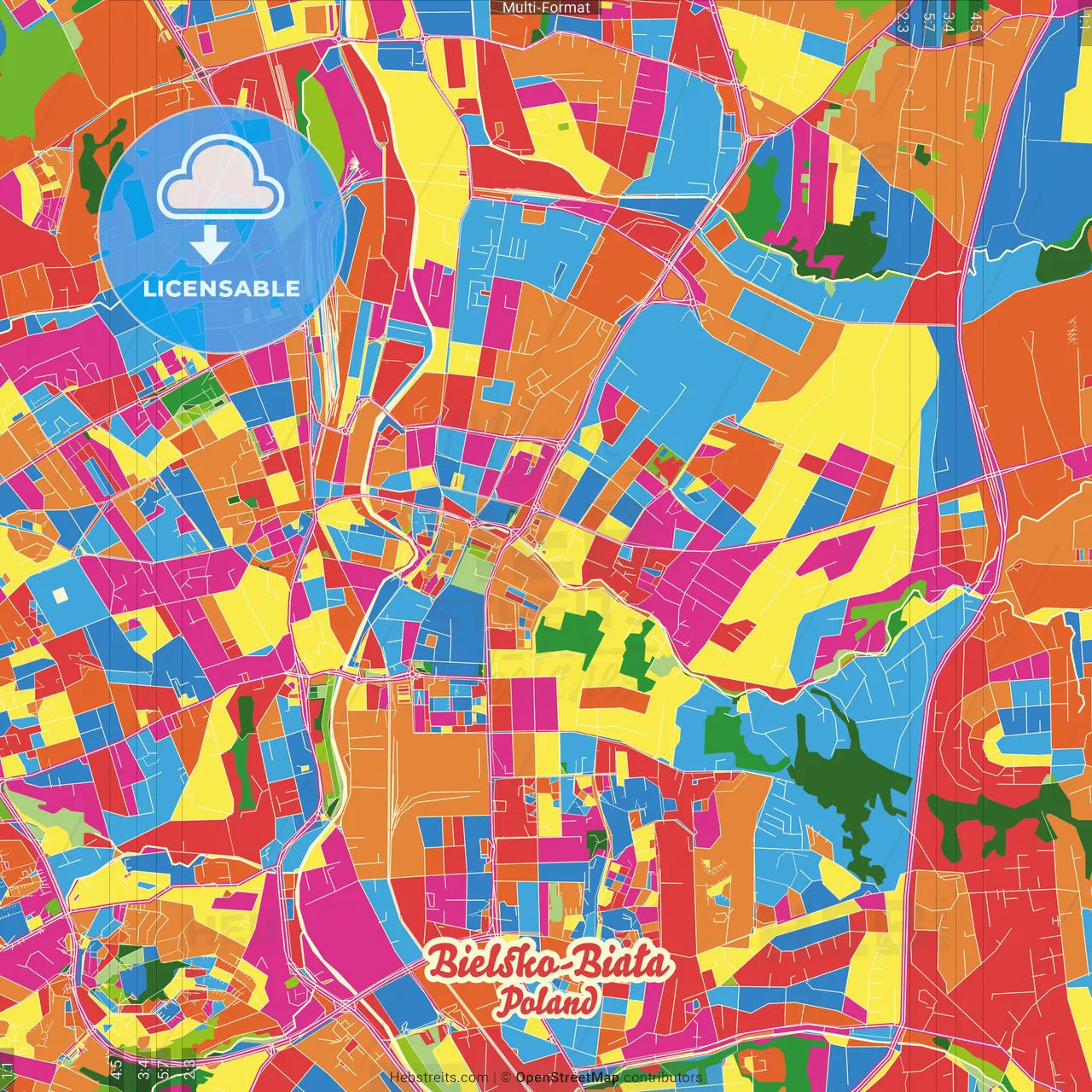 Bielsko-Biała, Silesian, Poland Crazy Colorful Street Map Poster Template