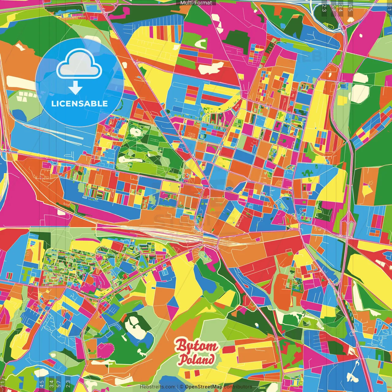Bytom, Silesian, Poland Crazy Colorful Street Map Poster Template