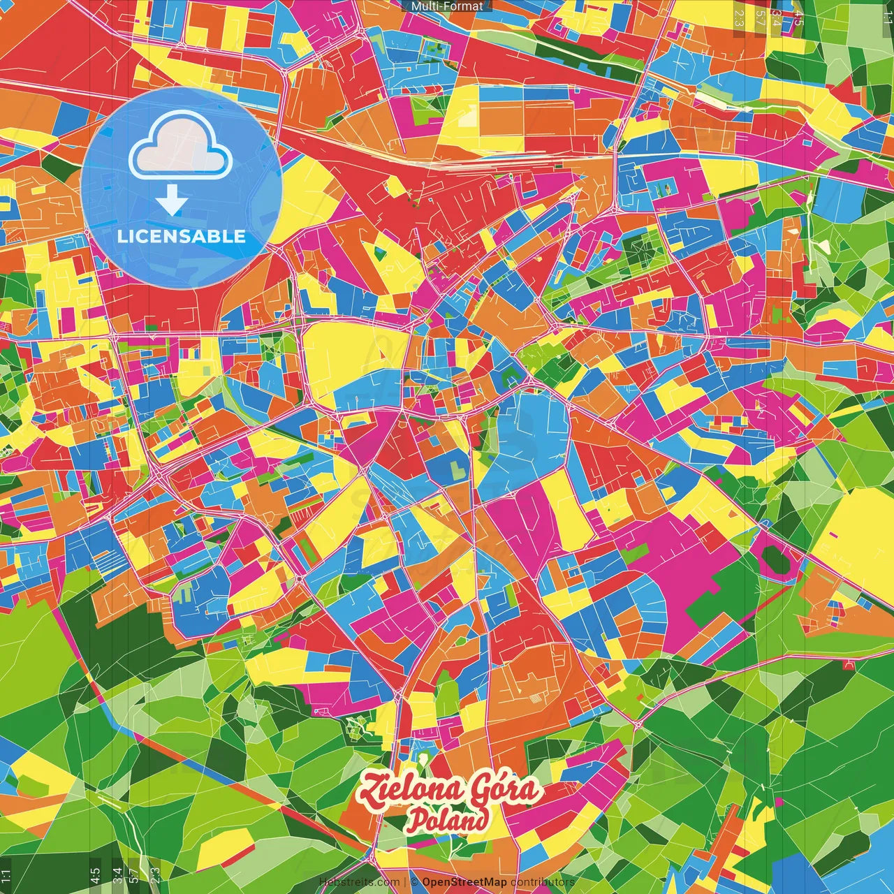 Zielona Góra, Lubusz, Poland Crazy Colorful Street Map Poster Template