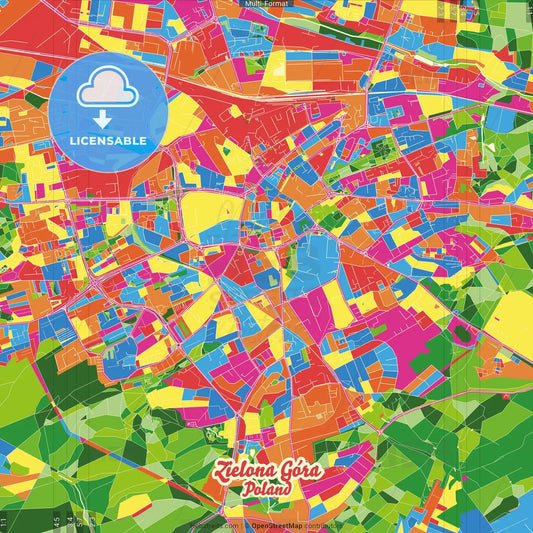 Zielona Góra, Lubusz, Poland Crazy Colorful Street Map Poster Template