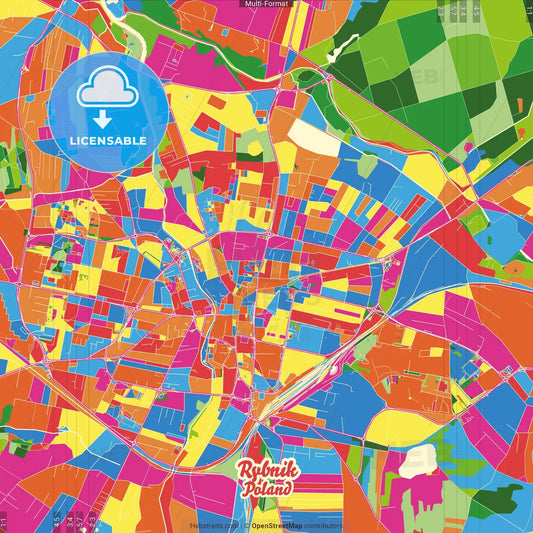 Rybnik, Silesian, Poland Crazy Colorful Street Map Poster Template