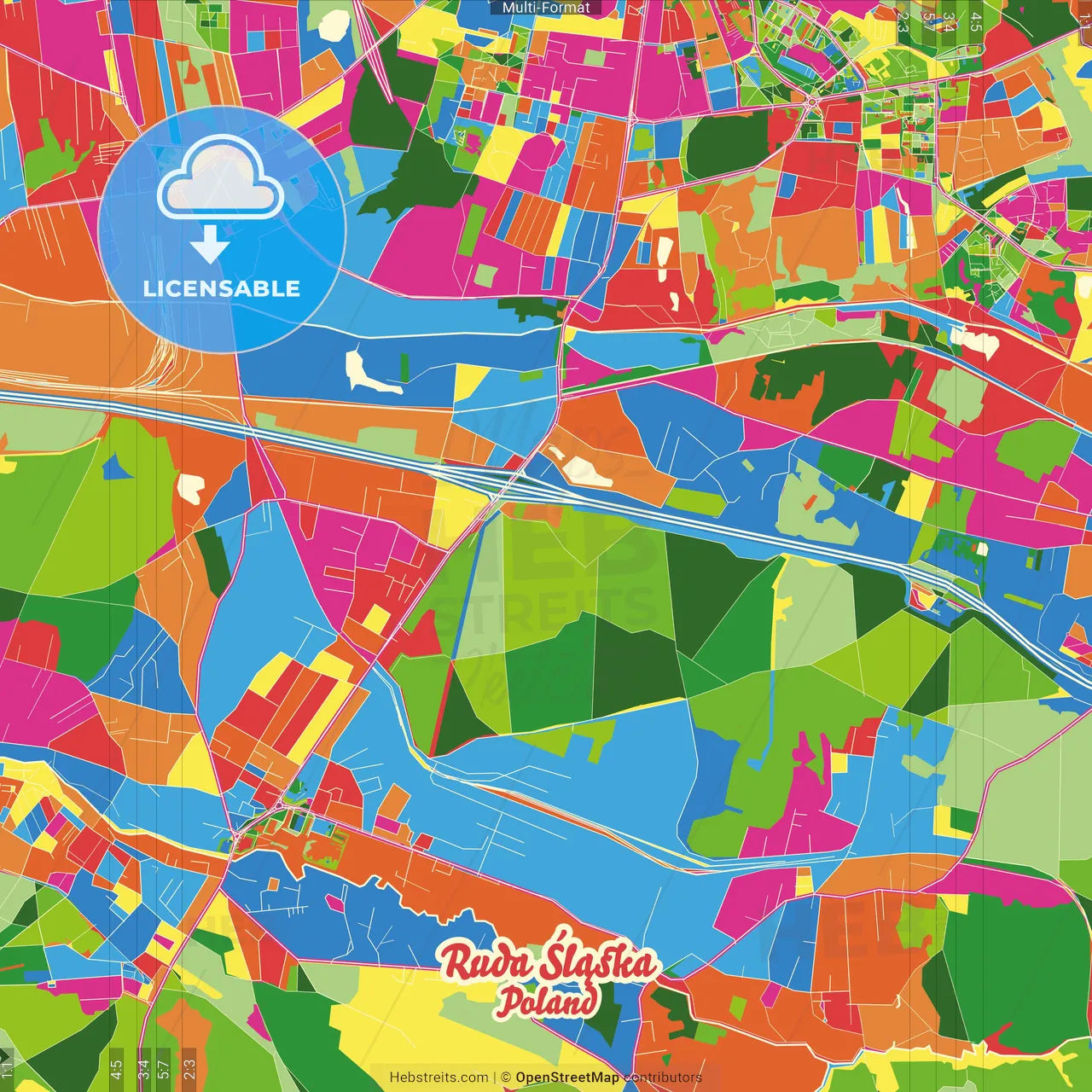 Ruda Śląska, Silesian, Poland Crazy Colorful Street Map Poster Template
