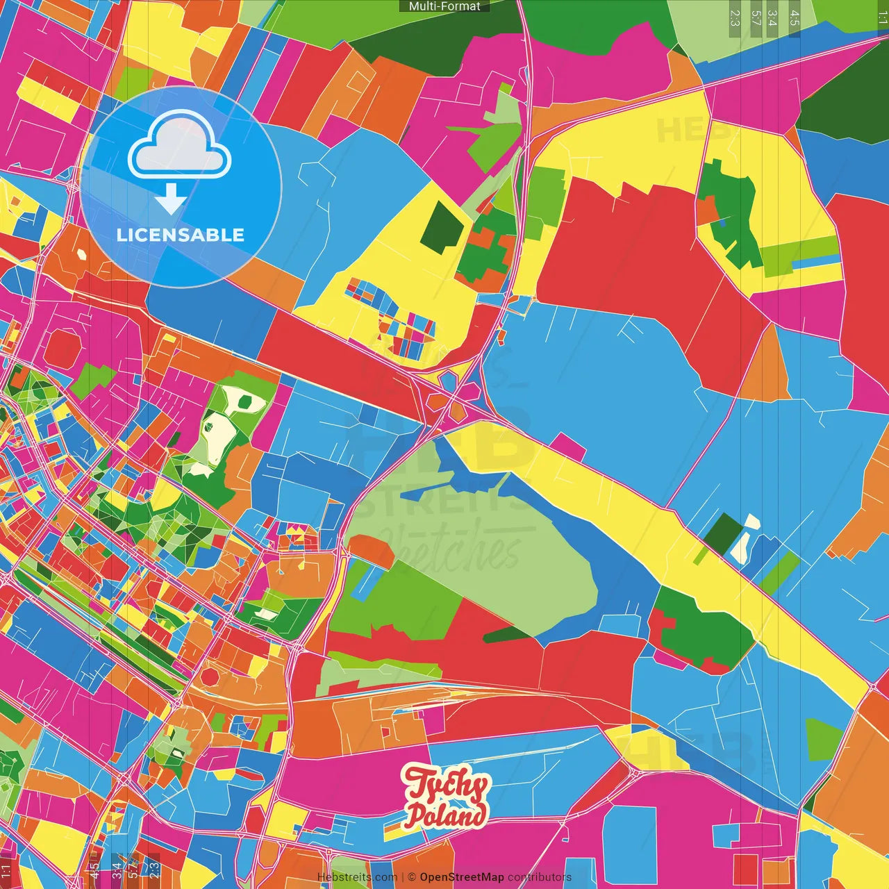 Tychy, Silesian, Poland Crazy Colorful Street Map Poster Template