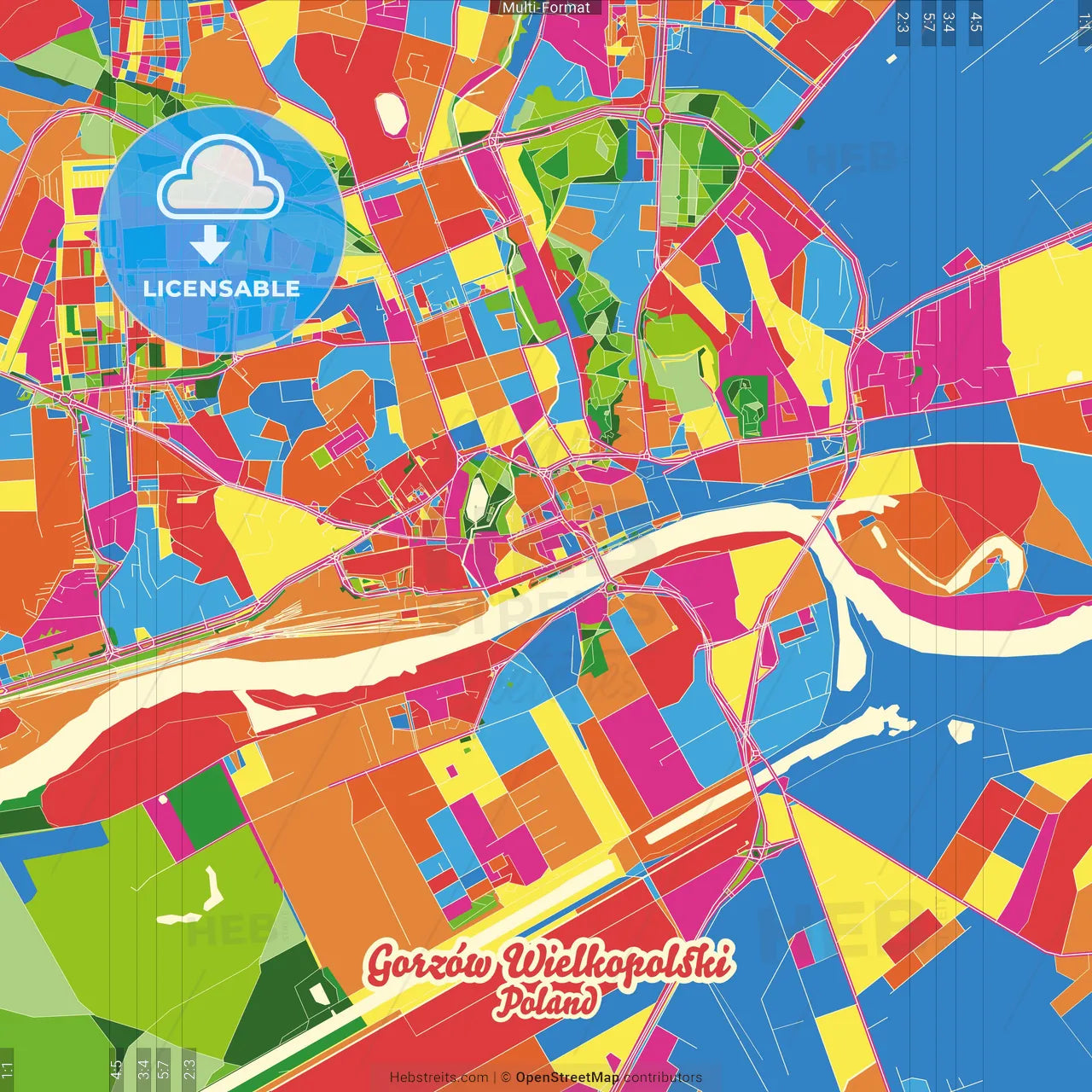 Gorzów Wielkopolski, Lubusz, Poland Crazy Colorful Street Map Poster Template