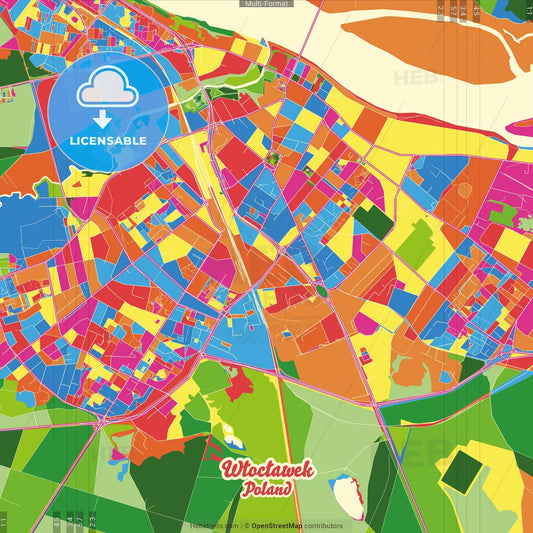 Włocławek, Kuyavian-Pomeranian, Poland Crazy Colorful Street Map Poster Template